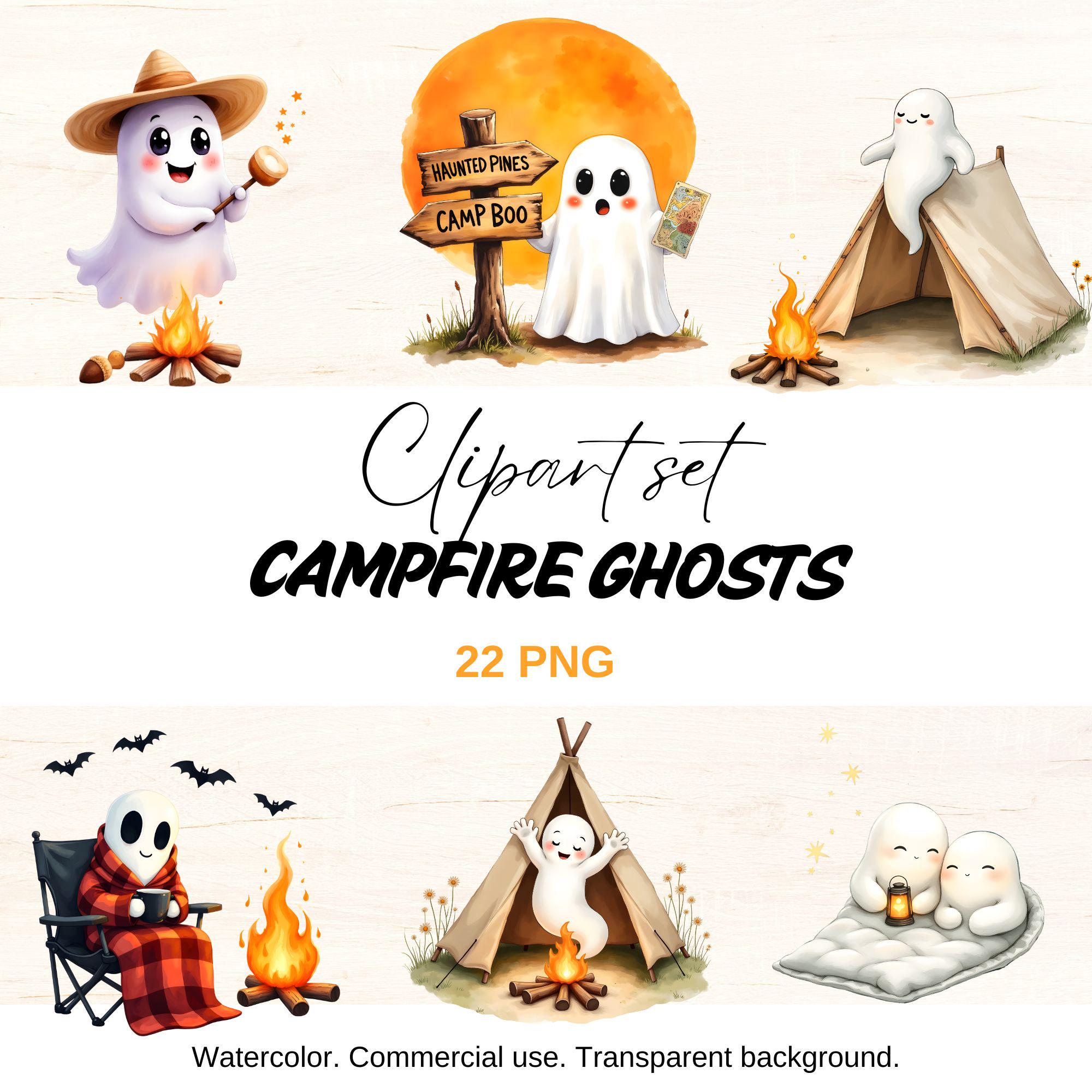 Campfire Ghosts Clipart Set: Spooky Halloween Camping PNG (digital