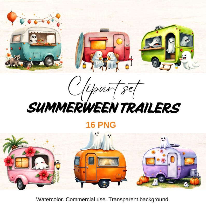 K&ouml;nnte beinhalten: Aquarell-Clipart-Set mit sechs farbenfrohen, skurrilen Wohnwagen mit Geisterfiguren. Der Text "SUMMERWEEN TRAILERS" wird angezeigt. Das Bild hat einen transparenten Hintergrund und ist f&uuml;r den kommerziellen Gebrauch bestimmt.