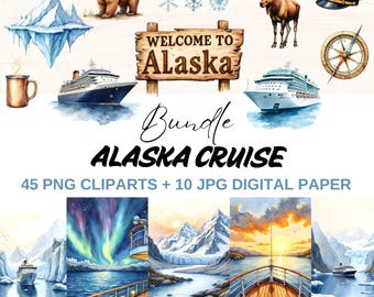 Alaska Cruise Aquarell Clipart Bundle, Wildtiere, Gletscher (Digitaler Download)