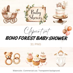 Wald Baby Shower Clipart, Aquarell Illustrationen (31 PNG)