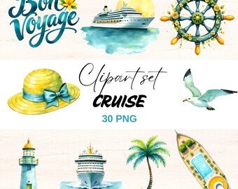Cruise Clipart Set, Bon Voyage, Nautical Elements, Cruise Ship, Summer Vacation PNG (Digital Download)
