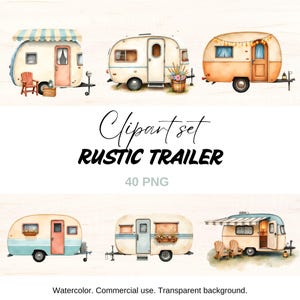 Watercolor Camping Trailer Clipart Set: Retro Camper Graphics (PNG Files, Digital Download)