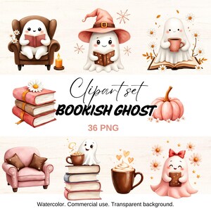 Op de afbeelding: Een aquarel clipart set met schattige geesten met boeken, koffie en een pompoen. De tekst "BOOKISH GHOST" wordt weergegeven, samen met "36 PNG". De geesten worden in verschillende scènes afgebeeld, waaronder lezen en drinken.