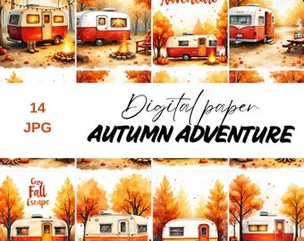 Autumn Camper Watercolor Paper Pack, Fall Camping Backgrounds (Digital Download)