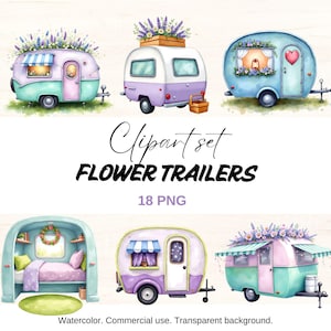 Conjunto de imágenes prediseñadas de caravanas con flores, caravana floral en acuarela PNG, bonita caravana vintage con flores, arte romántico de caravana, imágenes prediseñadas de caravana bohemia