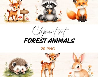 Clipart de animales del bosque en acuarela: Decoración de guardería (archivos PNG, descarga digital)