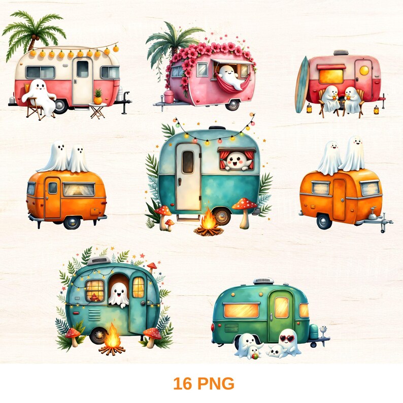 K&ouml;nnte beinhalten: Eine Sammlung von Aquarellillustrationen mit bunten Wohnwagen und skurrilen Geisterfiguren. Die Wohnwagen sind in verschiedenen Farben gehalten, darunter Rosa, Orange, T&uuml;rkis und Gr&uuml;n, und mit Lichterketten, Blumen und Palmen verziert. Das Bild enth&auml;lt den Text "16 PNG".
