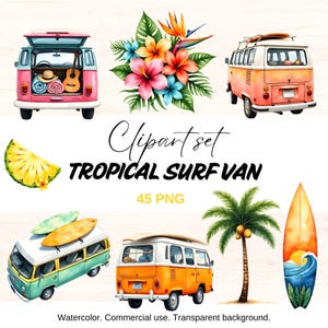 Conjunto de imágenes prediseñadas de furgonetas de surf tropicales, furgoneta camper retro, furgoneta vintage PNG, sublimación de furgoneta, aventura en la playa, tabla de surf, furgoneta camper con tabla de surf