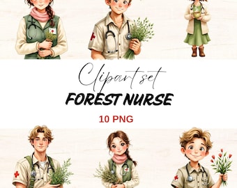 Clipartset bosverpleegkundige: aquarel medic-personages (PNG-bestanden, digitale download)