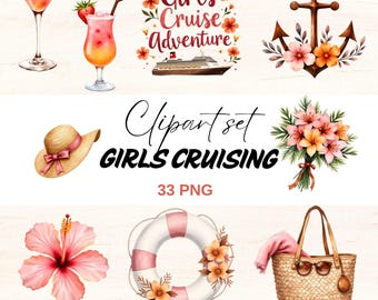 Girls Cruise Clipart, Tropical Vacation PNG, Summer Designs (Digital Download)