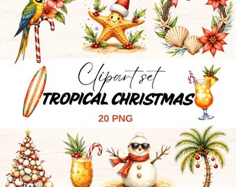 Tropische kerst clipartset, strandvakantie aquarel png, zomerkerst clipart (digitale download)