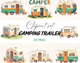 Happy Camper Clipart Set,  Camping Trailer PNG, Retro Camper (Digital Download)