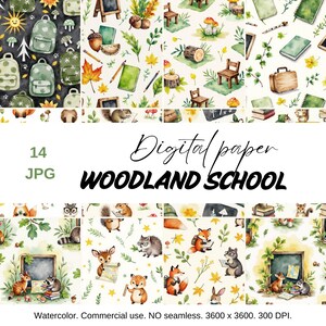 Carta digitale acquerello bosco: animali della foresta, sfondi per la classe (14 file JPG)