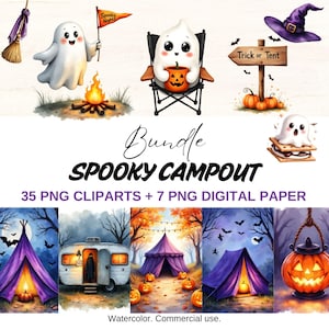 Könnte beinhalten: Ein digitales Kunstpaket mit Halloween-Thema. Das Bild zeigt einen Geist, der ein Schild mit der Aufschrift "Spooky Night" hält, einen Geist, der in einem Campingstuhl sitzt und einen Kürbis-Laterne hält, und einen Hexenhut. Der Text "SPOOKY CAMPOUT" ist ebenfalls enthalten.