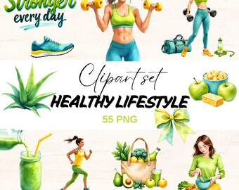 Healthy Lifestyle Clipart Set, Fitness Girl PNG, Workout Motivation, Wellness Food & Exercise (Digital Download)