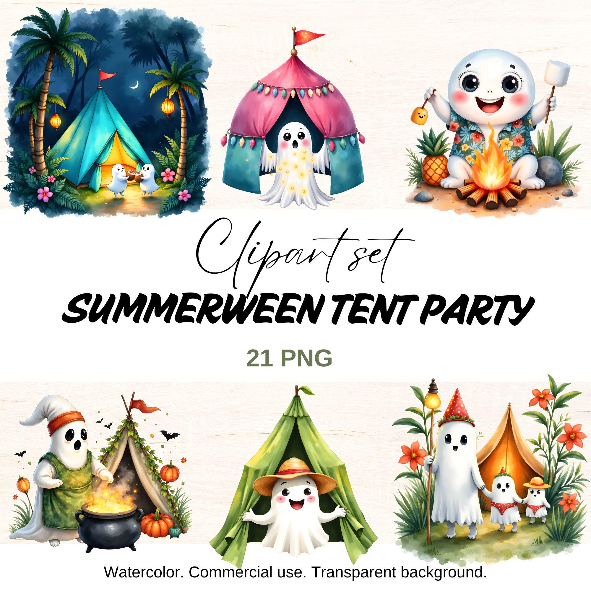 Summerween Clipart Set: Watercolor Ghost Camping PNG (digital