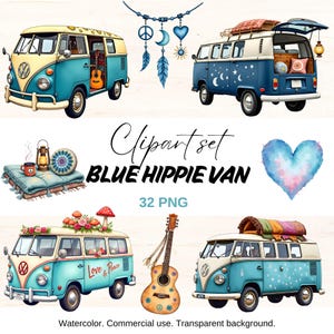 Clipart di furgone hippie blu, set di PNG di furgone boho, clipart di camper retrò, illustrazioni di avventure estive ad acquerello, sublimazione di vita in furgone