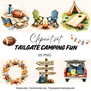 May include: Watercolor clipart set with a tailgate and camping theme. Includes footballs, chairs, a tent, a cornhole game, a sign, and a vintage car. The text reads "TAILGATE CAMPING FUN" and "35 PNG".