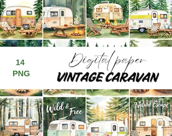May include: Watercolor digital paper set featuring vintage caravan illustrations with camping themes. The images include trailers, campfires, and forest scenes. Text includes "Wander & Relax", "Camping Bliss", "Wild & Free", and "Nature Escape".