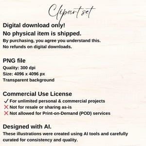 K&ouml;nnte beinhalten: Werbung f&uuml;r ein digitales Clipart-Set auf hellem Holzmaserungshintergrund. Der Text enth&auml;lt "Clipart set", "Nur digitaler Download" sowie Details zur PNG-Datei, kommerziellen Nutzungslizenz und KI-Design.