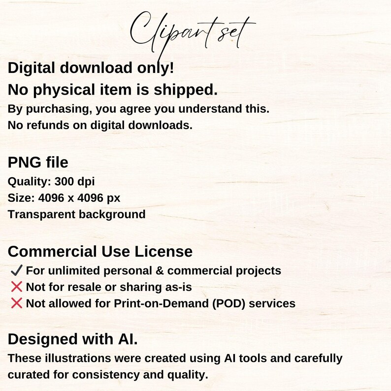 K&ouml;nnte beinhalten: Werbung f&uuml;r ein digitales Clipart-Set auf hellem Holzmaserungshintergrund. Der Text enth&auml;lt "Clipart set", "Nur digitaler Download" sowie Details zur PNG-Datei, kommerziellen Nutzungslizenz und KI-Design.