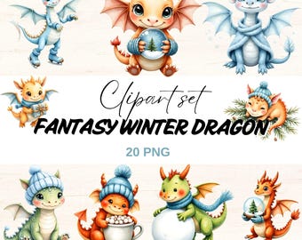 Fantasy Winter Dragon Clipart Set, Cute Baby Dragon PNG, Watercolor Winter Dragons for Sublimation, Winter Fairy (Digital Download)