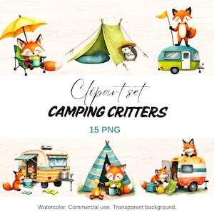Conjunto de imágenes prediseñadas de animales de camping, lindos animales del bosque, PNG de aventura en acuarela, PNG de zorro y erizo para niños y amantes de la naturaleza, zorro, erizo