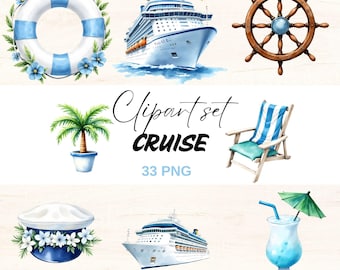 Kreuzfahrt-Clipart-Set, Aquarell Nautische PNG (digitaler Download)