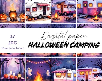 Halloween Camping Digital Paper: Spooky Forest Backgrounds (JPG)