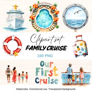 Watercolor Family Cruise Clipart: Vacation Adventure PNG Graphics
