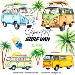 Conjunto de imágenes prediseñadas de furgonetas de surf, furgonetas vintage PNG, gráficos de aventuras en la playa, furgonetas de surf de acuarela, sublimación de vida en furgoneta, tablas de surf PNG, días de surf