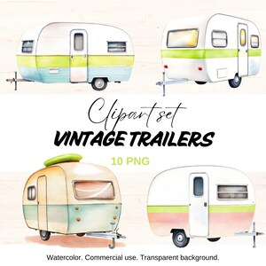 Vintage Trailer Clipart Set: Retro Camper Watercolor Graphics (PNG Digital Download)