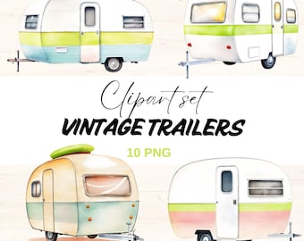 May include: Watercolor clipart set of four vintage trailers in pastel colors. Each trailer has a white roof and body with colorful accents of green, blue, pink, and orange. The text "Clipart set VINTAGE TRAILERS 10 PNG" is included.