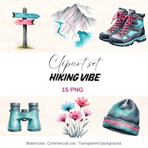 Hiking Clipart Set, Outdoor Adventure Illustrations, Hiking Gear PNG, Watercolor Hiking Accessories, Nature Lover Art, Mountain Hiking