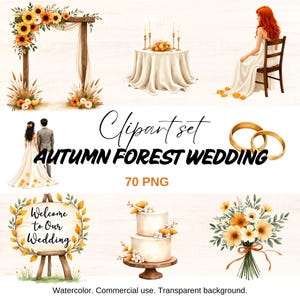Autumn Forest Wedding Clipart, Cozy Bridal Clipart, Bride and Groom Clipart, Wedding Clipart, Wedding Elements Icons, Rustic Wedding Digital