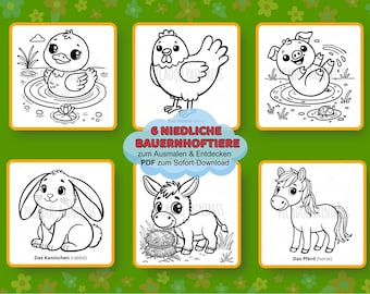 Farm coloring book for children ages 1 and up, 6 coloring pages, PDF, instant digital download, cute farm animals, German & English