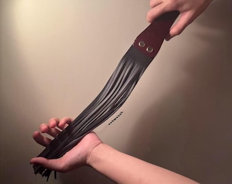 Genuine Leather Flogger Black Tassel Whip with Wine Red Wooden Handle, 48cm