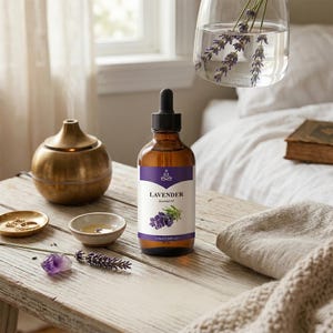 May include: A brown glass bottle of lavender essential oil with a black dropper, labelled "Lavender Essential Oil." The bottle is on a wooden table with a diffuser, small bowl, and a sprig of lavender. A glass vase with lavender stems is in the background.