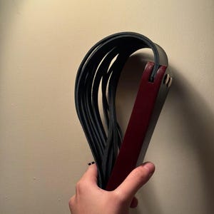Pu&ograve; includere: Un frustino in pelle nera con pi&ugrave; fili e un manico in legno rosso scuro. Il manico ha due rivetti in ottone. Il frustino &egrave; tenuto contro un muro di colore neutro.