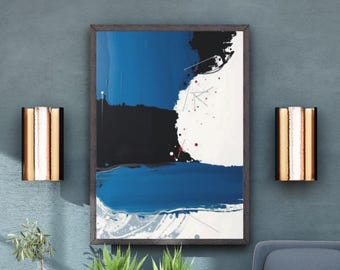 Moderne abstracte muurkunst | Printbare blauwe esthetische decoratie | Interieurontwerp | Digitale download voor minimalistische interieurs | Rood op blauw twee