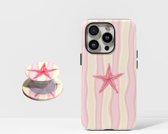 Coque de téléphone étoile de mer rose, coque iPhone à rayures, design côtier pour Samsung Galaxy, vacances à la plage pour Google Pixel, motif marin et nautique