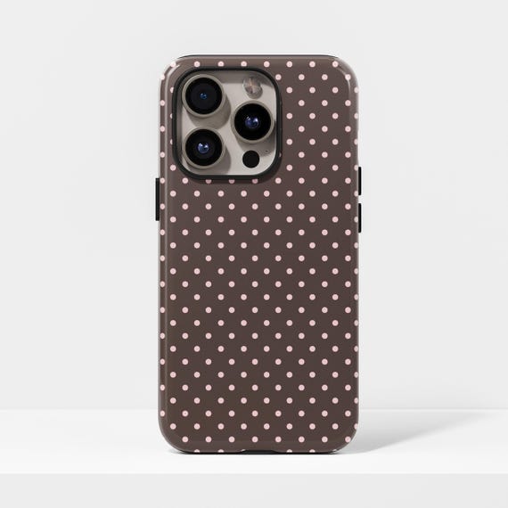Pink & Brown Polka Dot Case, Cute Trendy Aesthetic for iPhone 17, 16, 15, 14, 13, 12, 11, Pro Max, Samsung Galaxy S23, S22, S21, S20 Ultra