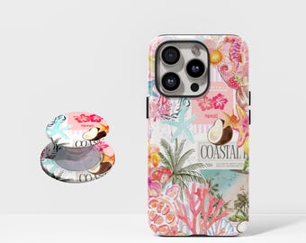 Coque de portable coquette Coastal Beach Collage, noix de coco d'été, avec iPhone 17/16/15/14/13/12/11 Pro Max et Samsung S25/S24/S23/S22 Plus Ultra.
