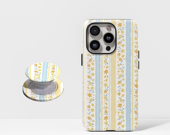 Coque iPhone à motif floral, style cottagecore avec marguerites, rayures jaunes et bleues, compatible avec iPhone 17, 16, 15, 14, 13, 12 Pro Max et Samsung S26, S25 et S24 Ultra.