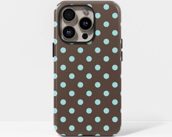 Jolie coque tendance et mignonne à pois marron et bleue pour iPhone 17, 16, 15, 14, 13, 12, 11, Pro Max, Samsung Galaxy S23, S22, S21, S20 Ultra