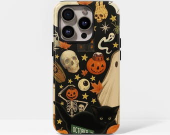 Funda vintage de Halloween con collage de esqueletos para iPhone 17, 16, 15, 14, 13, 12, 11, Pro Max, Samsung Galaxy S23, S22, S21 y S20 Ultra