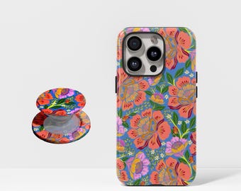 Étui de téléphone MagSafe à motif floral sauvage, coque bohème colorée, étui floral botanique pour iPhone 17, 16, 15, 14, 13, 12, 11 Pro Max et Samsung Galaxy S26
