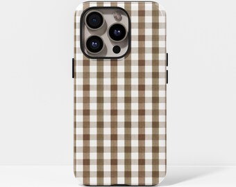 Brown plaid phone case with a soft and girly design for iPhone 17, 16, 15, 14, 13, 12, 11, Pro Max, Samsung Galaxy S23, S22, S21, S20 Ultra