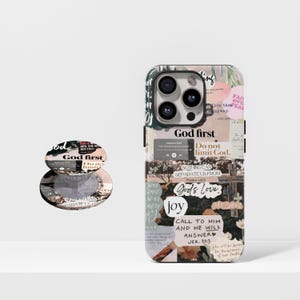 May include: A phone case and matching phone grip with a collage design featuring inspirational quotes and floral accents. The case and grip have the words "God first", "Do not limit God", and "God's Love". The case is designed to fit a smartphone.