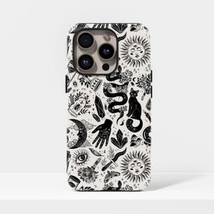May include: A white phone case with a black celestial pattern. The design includes a snake, cat, sun, moon, crystals, and hand. The case has a glossy finish and a camera cutout.